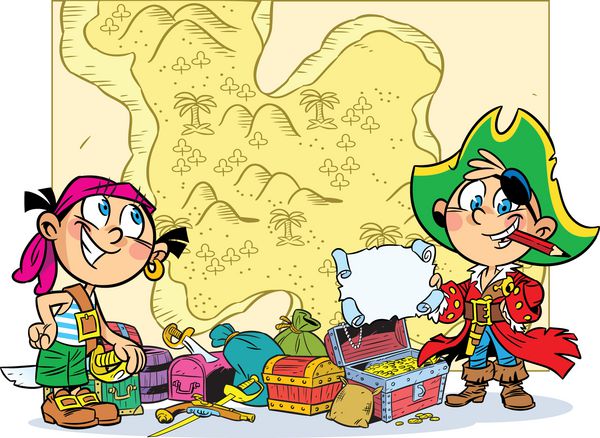 این تصویر کودکانی را در حال بازی دزدان دریایی نشان می دهد پسر و دختر با لباس دزدان دریایی در نقشه پس زمینه هستند در کنار آنها سینه و صفات است