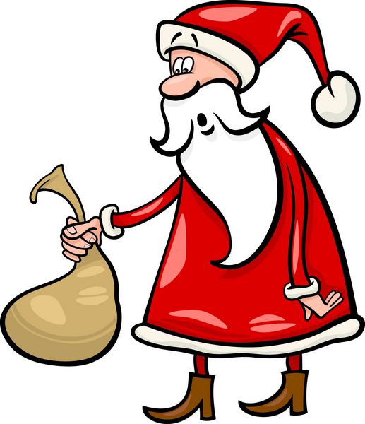 تصویر کارتونی بابا نوئل خنده دار یا پاپا نوئل که گونی بسیار کوچکی با هدایای کریسمس در دست دارد
