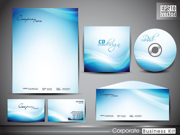کیت حرفه ای هویت شرکتی یا کیت تجاری با الگوی موج برای کسب و کار شما شامل طرح های جلد سی دی کارت ویزیت پاکت نامه و طرح های سر نامه است