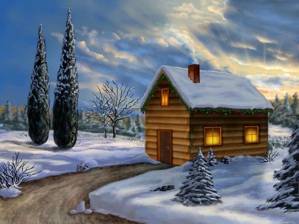 کابین چوبی در منظره کریسمس برفی تصویرسازی دیجیتال