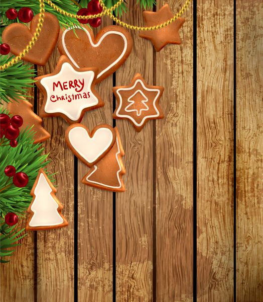 شیرینی زنجبیلی با شاخه های درخت کریسمس و توت هالی پس زمینه چوب بافت قدیمی برای طراحی رترو تصویر برای طراحی کریسمس و سال نو