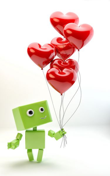 اسباب بازی سایبری سبز مدرن که بادکنک قرمز روشن را به شکل قلب نگه می دارد