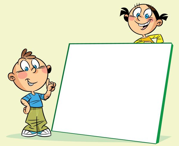 تصویر یک پسر و یک دختر را نشان می دهد که در نزدیکی یک تخته سفید ایستاده اند پسر با انگشت به تخته اشاره می کند تصویرسازی به سبک کارتونی روی لایه‌های مجزا روی پس‌زمینه سبز رنگ
