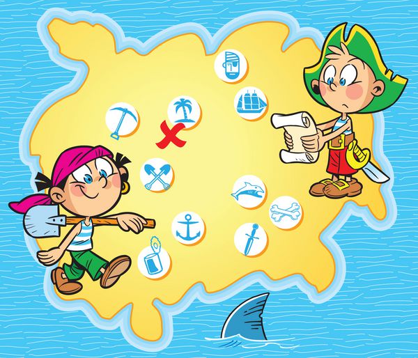 این تصویر کودکانی را در حال بازی دزدان دریایی نشان می دهد پسر و دختری با لباس دزدان دریایی در جزیره نقشه پس زمینه با نمادها هستند تصویرسازی به سبک کارتونی در لایه های جداگانه انجام شده است