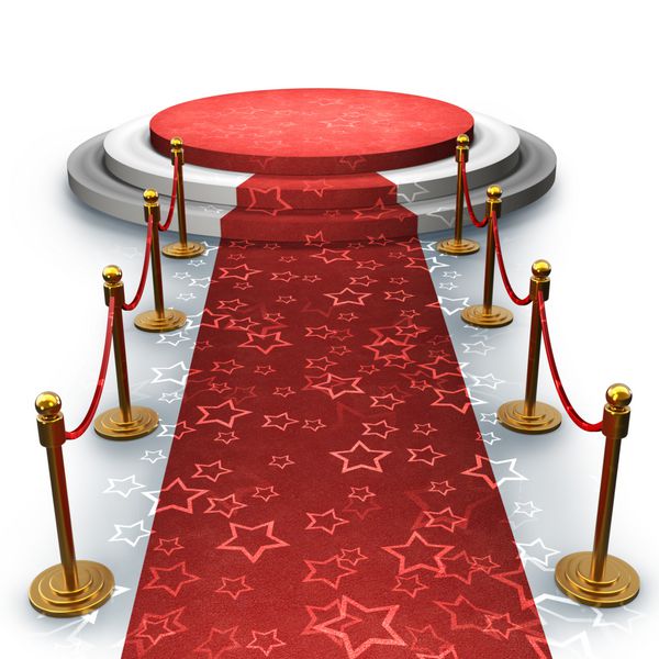 صحنه خالی با فرش قرمز جدا شده روی پس زمینه سفید رندر سه بعدی با وضوح بالا