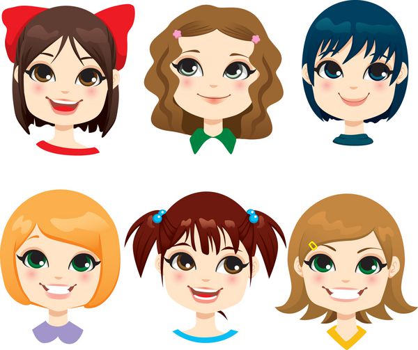 مجموعه ای از شش دختر کوچک با مدل موی متفاوت