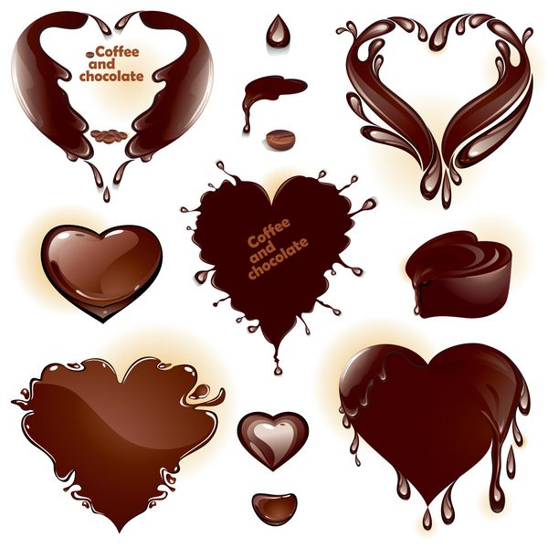 قهوه و شکلات قطرات و پاشیدن به شکل قلب وکتور 