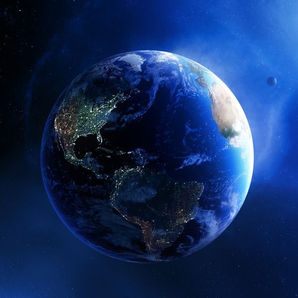 زمین و کهکشان با نورهای شهر آمریکا - رندر سه بعدی عناصر این تصویر ارائه شده توسط ناسا