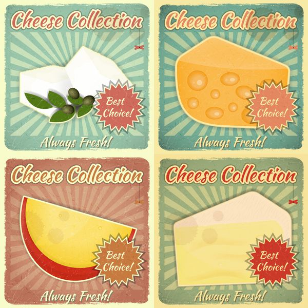 مجموعه ای از برچسب های پنیر قدیمی انواع مختلف پنیر در پس زمینه رترو با مکان برای قیمت وکتور