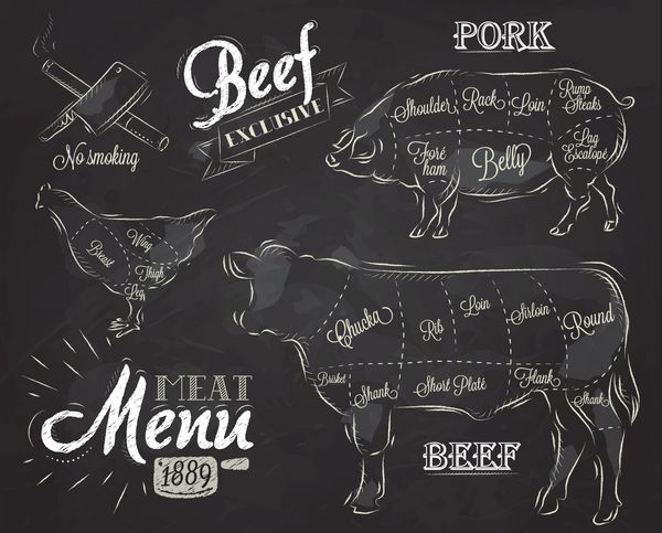 تصویر گچی از یک عنصر گرافیکی قدیمی در منو برای گوشت مرغ گاو خوک استیک گوشتی که به تکه های گوشت تقسیم شده است