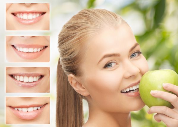مفهوم مراقبت های بهداشتی پزشکی و دهان شناسی - زن با سیب و لبخند