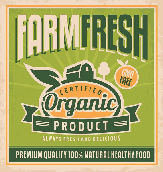 مفهوم غذای تازه مزرعه رترو طرح وکتور برای محصولات ارگانیک بدون Gmo بر روی بافت کاغذ قدیمی برچسب قدیمی برای مواد غذایی سالم با کیفیت برتر 100٪ طبیعی