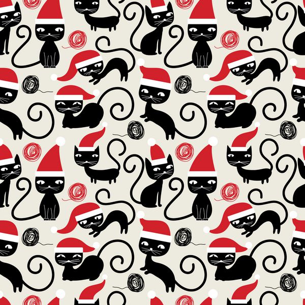 الگوی بدون درز گربه های کریسمس الگوی بدون درز خنده دار زیبا با گربه ها در کلاه کریسمس