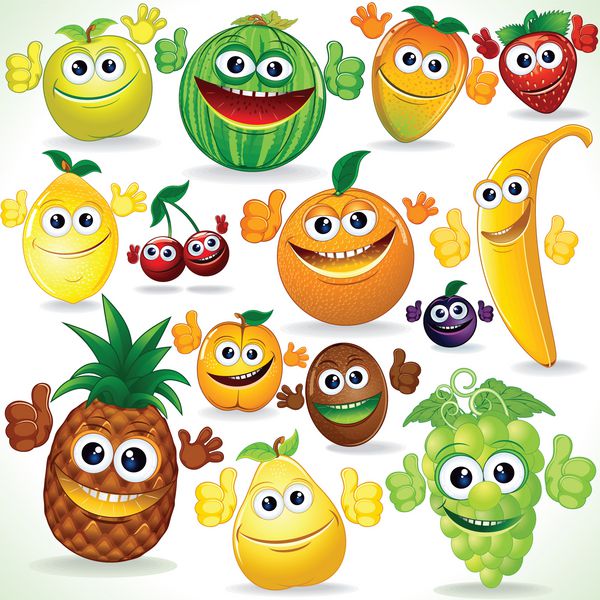 انواع میوه های کارتونی خنده دار وکتور رنگارنگ کلیپ آرت