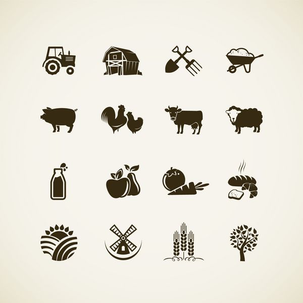 مجموعه ای از نمادهای مزرعه - حیوانات مزرعه تولید غذا و نوشیدنی محصول ارگانیک ماشین آلات و ابزار در مزرعه