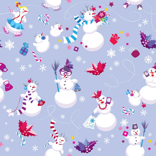الگوی بدون درز برای طراحی تعطیلات سال نو یا کریسمس پس زمینه زمستانی با آدم برفی های زیبا