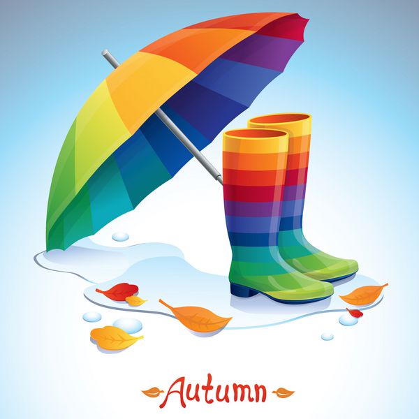 وکتور پس زمینه روشن پاییزی - چکمه های رنگین کمانی چتر و برگ