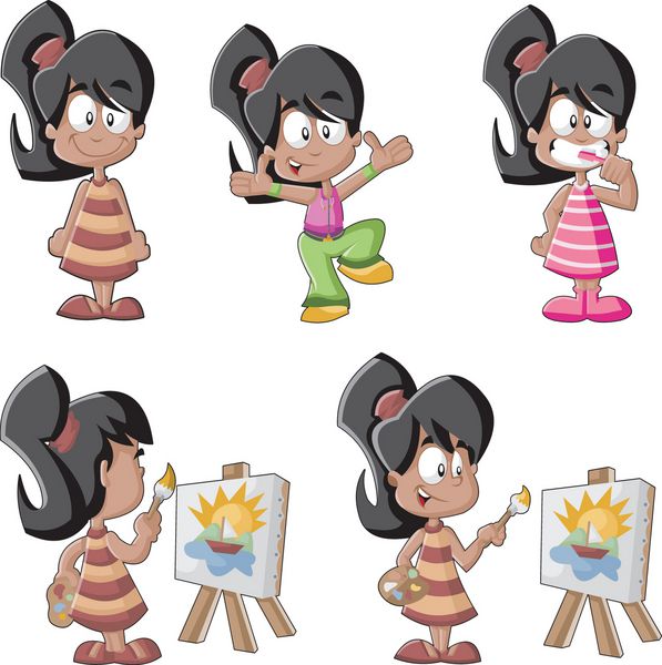 دختر لاتین کارتونی بازیگوش ناز در حال رقص زومبا نقاشی یک بوم و مسواک زدن
