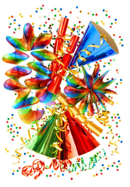 پس‌زمینه رنگارنگ با حلقه‌های گل استریمر ترقه کلاه مهمانی و آبنبات کارناوال جشن سال نو یا تزئین تولد