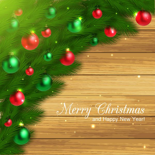 برچسب تایپوگرافی کریسمس با شاخه‌های درخت صنوبر توپ‌های سبز و دانه‌های برف روی پس‌زمینه چوبی درخشان کارت تبریک کریسمس دکوراسیون وکتور خوشنویسی برای طراحی تعطیلات شما