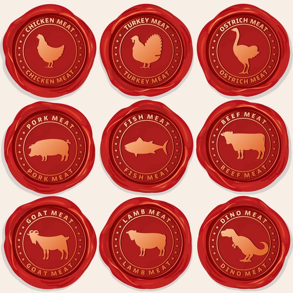 مهر و موم با تصویر حیوانات مورد استفاده برای مواد غذایی از صنعت گوشت ست شامل آیکون های مرغ بوقلمون خوک ماهی گاو بز بره و شترمرغ