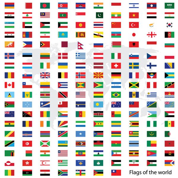 وکتور پرچم های جهان و نقشه جهان در پس زمینه سفید
