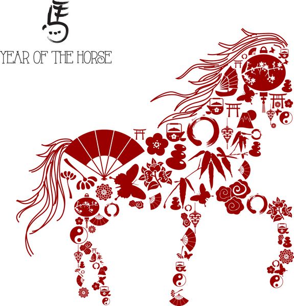 ترکیب نمادهای قرمز شرقی سال نوی چینی اسب 2014 فایل وکتور سازماندهی شده در لایه ها برای ویرایش آسان