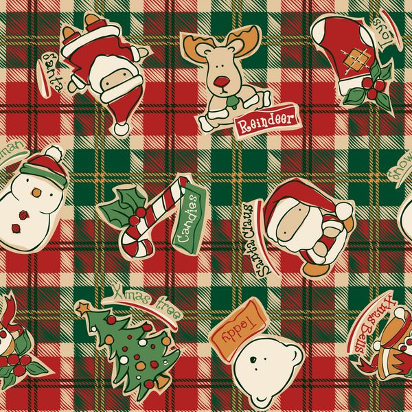 عناصر خنده دار کریسمس با پس زمینه تارتان - وکتور الگوی بدون درز در رنگ های سفارشی