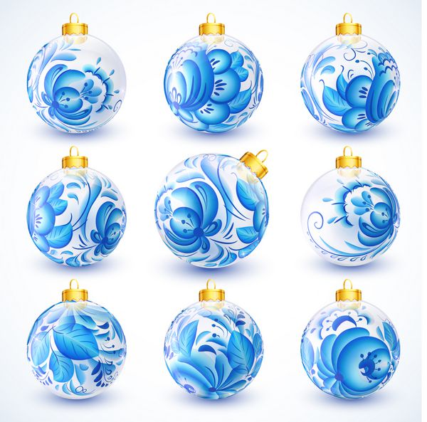 توپ های کریسمس سفید با تزئینات گل آبی به سبک gzhel