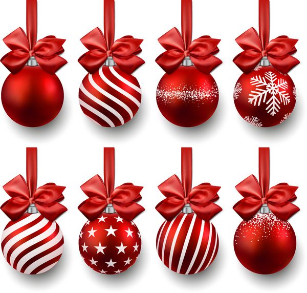 توپ های کریسمس قرمز روی کمان های هدیه مجموعه ای از دکوراسیون های واقع گرایانه جدا شده وکتور