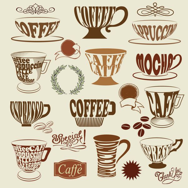 نمادها و نمادهای کافی شاپ - مجموعه ای از علائم کافی شاپ با فنجان قهوه لیوان و عناصر تزئینی از جمله چرخش دانه های قهوه تاج گل و برچسب قیمت