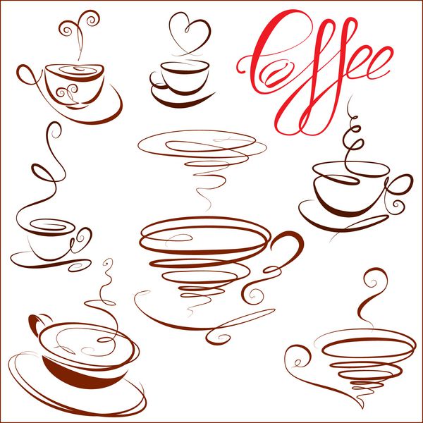 مجموعه ای از نمادهای فنجان قهوه نمادهای طرح دار برای منوی رستوران یا کافه