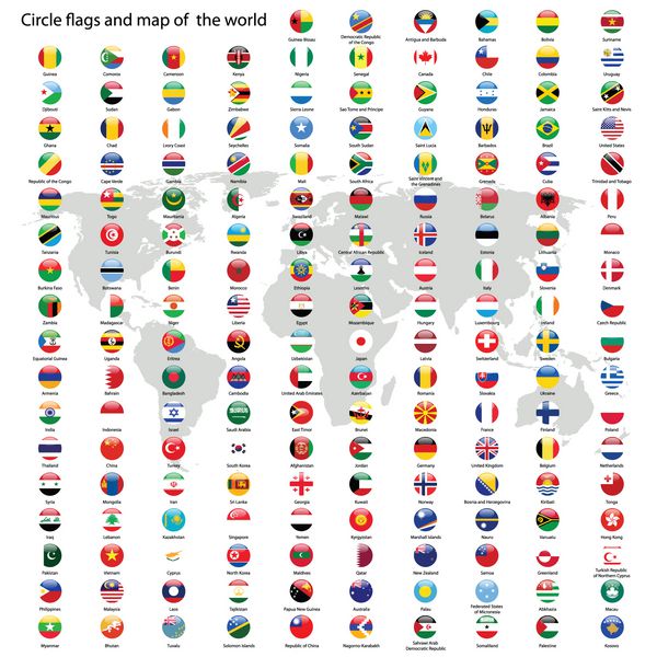 وکتور پرچم های دایره ای جهان و نقشه جهان در پس زمینه سفید