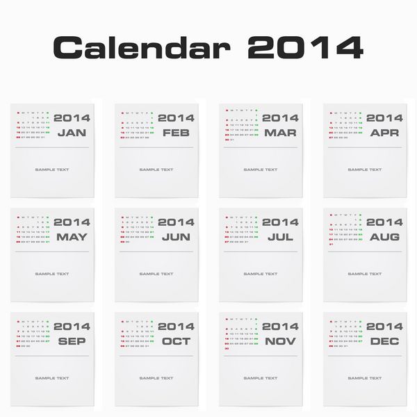مجموعه ای از تقویم وکتوری ساده قابل ویرایش 2014 به تفکیک ماه