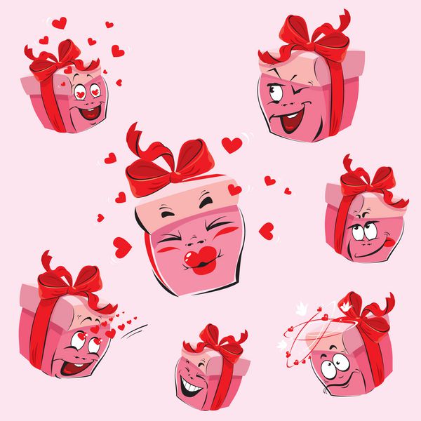 مجموعه کارتونی جعبه های هدیه صورتی زیبا با عبارات و احساسات مختلف طراحی برای کارت عشق و روز ولنتاین