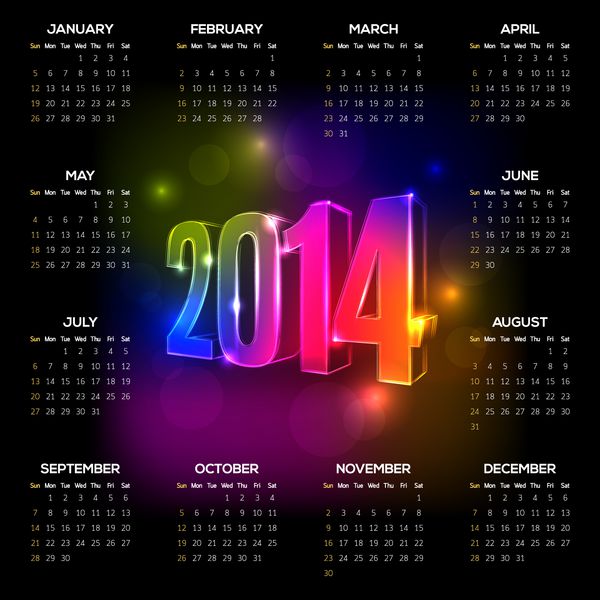 تقویم سال 2014 با اعداد رنگارنگ تزئین شده است وکتور قابل ویرایش آسان
