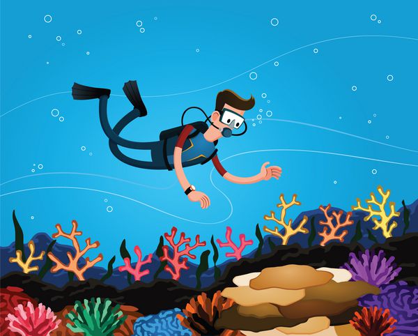 مرد جوانی که در حال غواصی در اعماق دریا از صخره های مرجانی لذت می برد