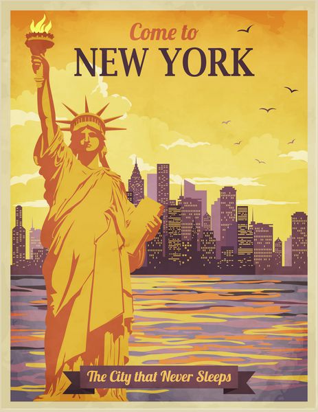 پوستر سفر به نیویورک - تبلیغات مسافرتی قدیمی با شهر نیویورک و مجسمه آزادی در برابر آسمان آفتابی وکتور دست کشیده