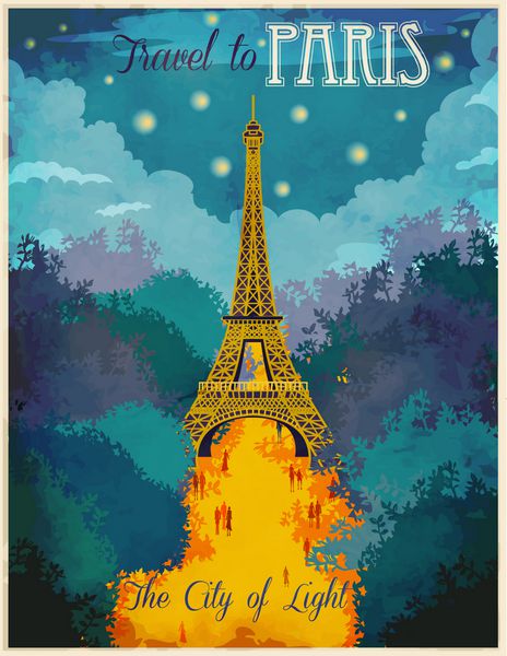 پوستر سفر به پاریس - آگهی مسافرتی قدیمی با روشنایی برج ایفل و بلوار پر از سیل با مردم