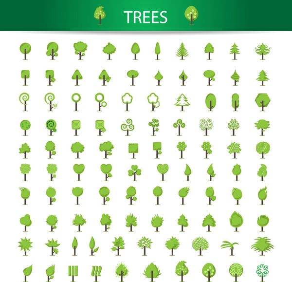مجموعه آیکون های درخت اکو - جدا شده در پس زمینه سفید - وکتور طرح گرافیکی قابل ویرایش برای طرح شما مجموعه آیکون های درختی