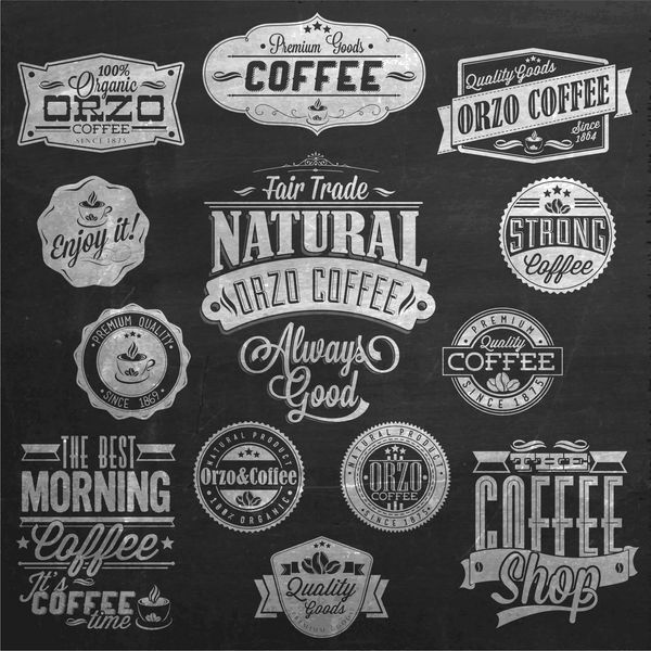 مجموعه ای از برچسب های قدیمی قهوه قدیمی روی تخته سیاه مجموعه تزیین قهوه مجموعه ای از عناصر خوشنویسی و تایپوگرافی با طرح سبک قاب برچسب های قدیمی بردار