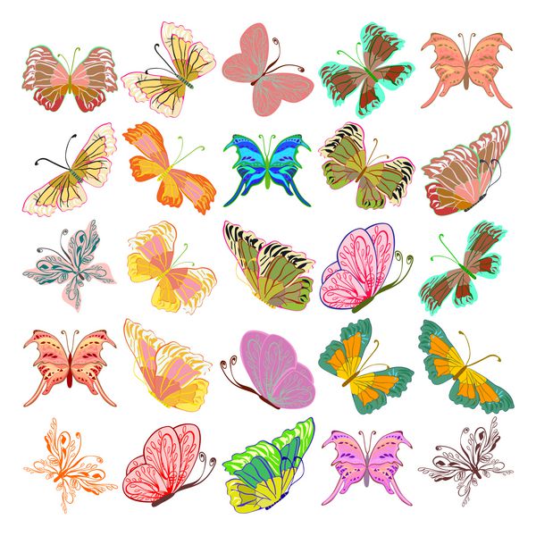 مجموعه ای از پروانه های جدا شده واقع گرایانه رنگارنگ وکتور