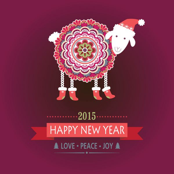 گوسفند رنگارنگ و بامزه با چکمه در زمینه رنگ شرابی سال نو مبارک کارت تبریک وکتور