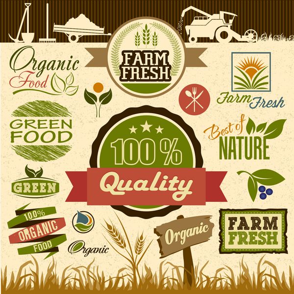 برچسب ها نشان ها و نشان های محصولات ارگانیک طبیعی مجموعه ای از عناصر طراحی تازه ارگانیک و تصویر غذای طبیعی و نماد وب اکو قابل ویرایش آسان برای طراحی شما