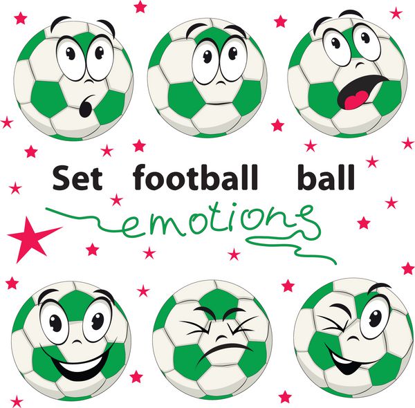مجموعه ای از توپ های فوتبال با افراد کارتونی که احساسات مختلف را نشان می دهد