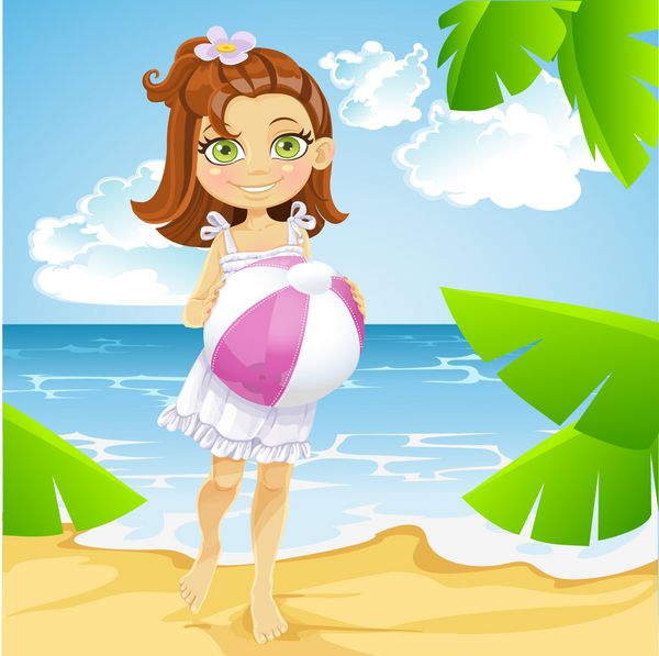 دختر کوچک ناز در ساحل آفتابی با توپ ساحل