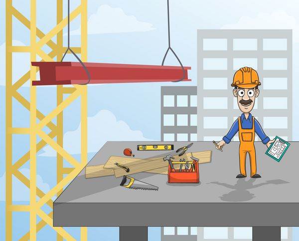 کارگر ساختمانی مرتفع با ابزارهای ایستاده بر روی سکوی بتنی وکتور