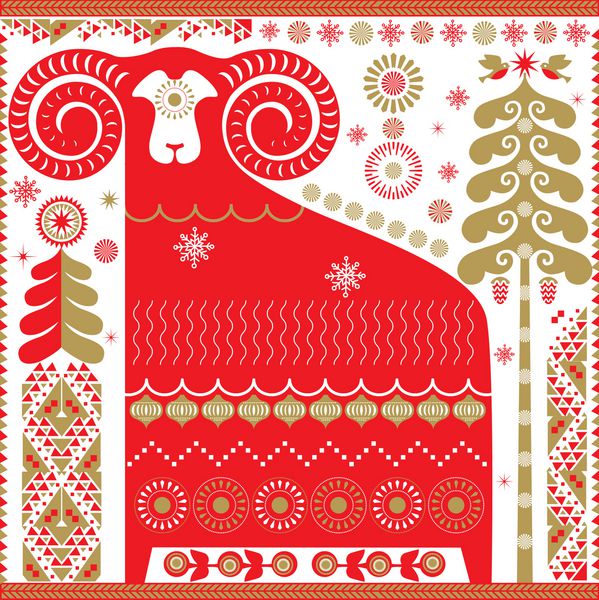 گوسفند قوچ قرمز و طلایی به سبک تزئینی نماد چینی سال نو وکتور