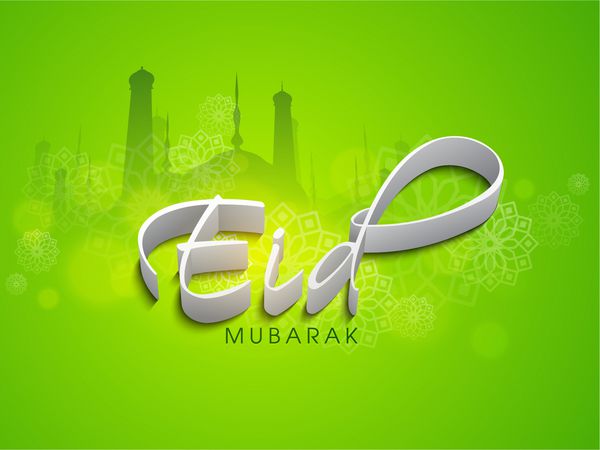 طرح کارت پستال شیک با شبح مسجد در زمینه سبز برای جشن جشن جامعه مسلمانان عید مبارک