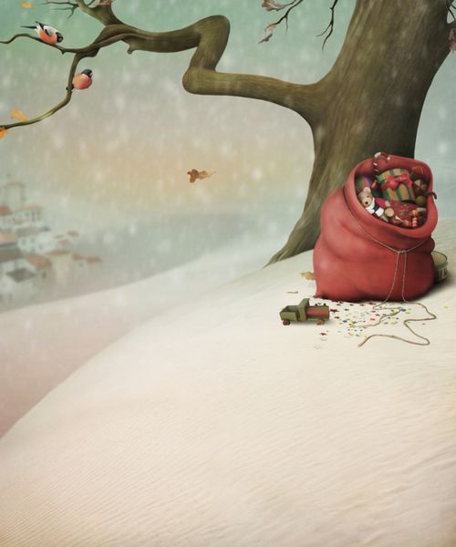 کیسه قرمز با هدایایی برای کریسمس در جنگل زمستانی